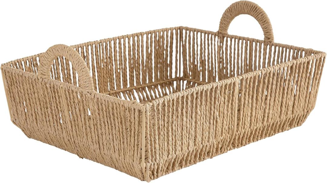 Simplify Large Shelf Storage Basket | Dimensions: 15"x 13"x 5"| 2 Carry Handles | Vertical Weave Design | Paper Rope Material | Great for Living Spaces | Great For Storage and Display
