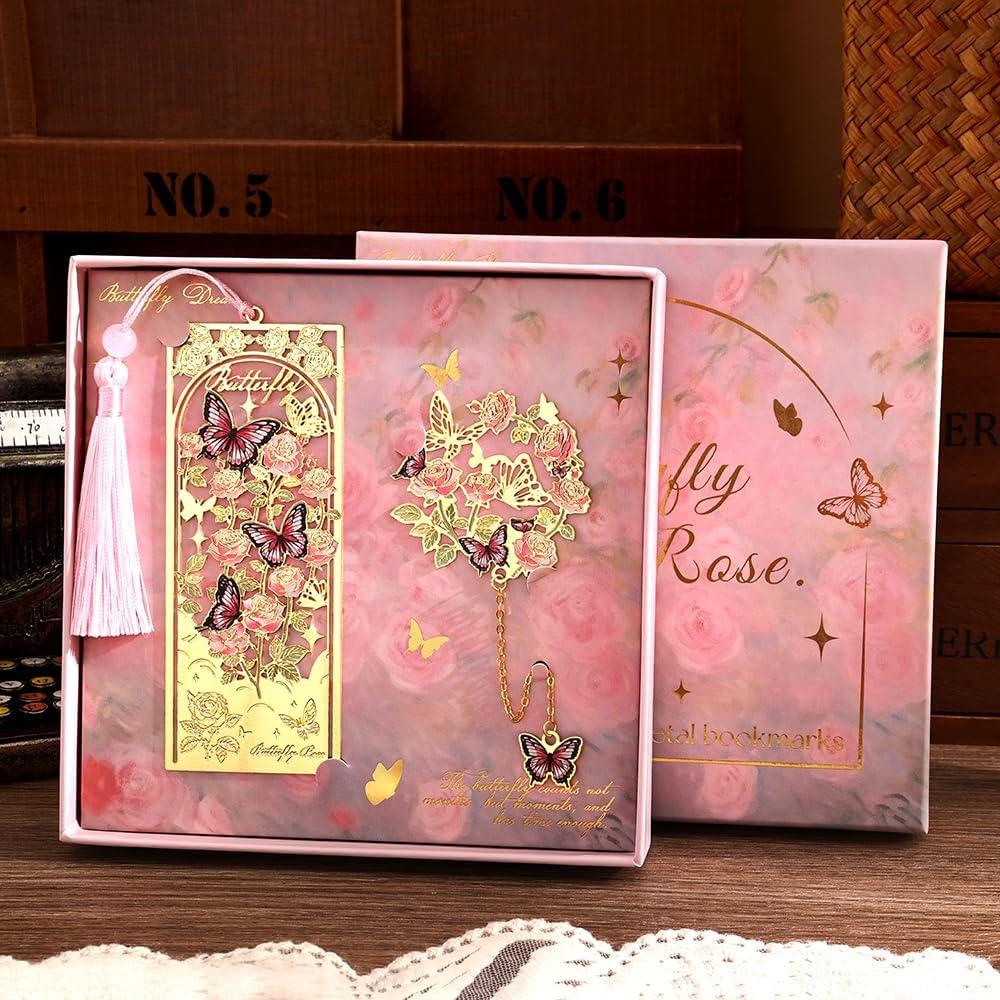 2pcs Bookmark Butterfly Flower Theme Pretty Book Marks Set with Bookmarks for Women, Cute Book Markers for Writers, Kids, Teens, Men Readers, Reading Accessories Gifts for Book Lovers (Pink)