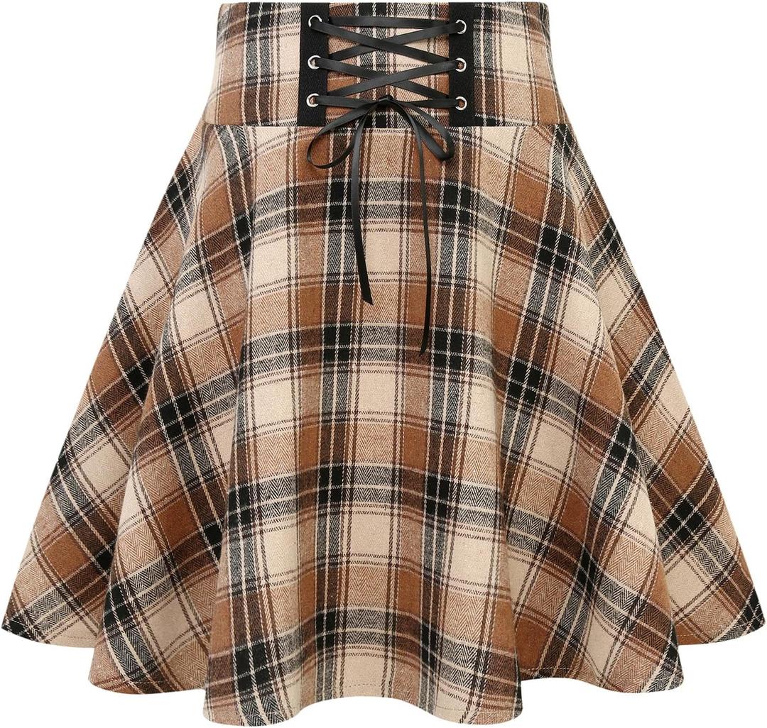 IDEALSANXUN Plaid Skirts for Women 2026 Fall Winter Cute Y2k High Waisted A Line Gothic Short Pleated Mini Skirt, Plaid Light Brown, M