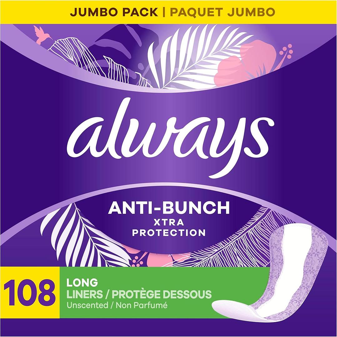 Always Anti-Bunch Xtra Protection Daily Liners Long Unscented, Anti Bunch Helps You Feel Comfortable, 108 Count