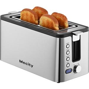 Mecity 4 Slice Toaster, Long Slot Toaster With Countdown Timer, Bagel/Defrost/Reheat/Cancel Functions,Warming Rack, Removable Tray, 6 Browning Settings, Extra Wide Slots, Stainless Steel, 1300W