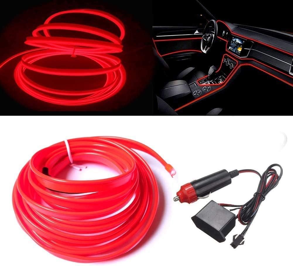 MaxLax El Wire Red Interior Car LED Strip Lights, 10m neon Wire 12V with Fuse Protection for Automotive Car Interior Decoration with 6mm Sewing Edge (32.8 ft)
