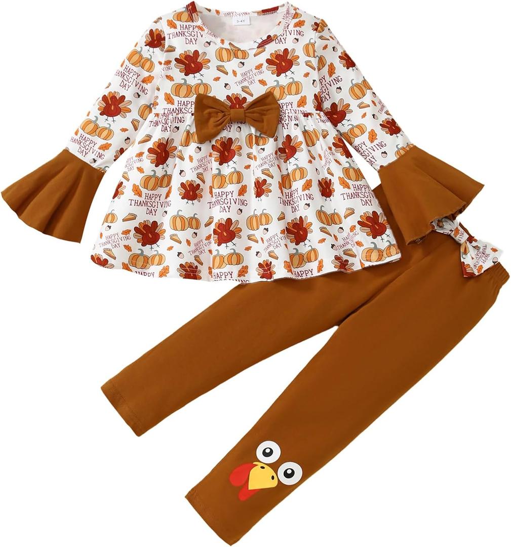 Thanksgiving Girl Outfit Cute Bow Dress Top + Turkey Leggings Fall Clothes 3-8 Years (6-7 Years, Light Brown)
