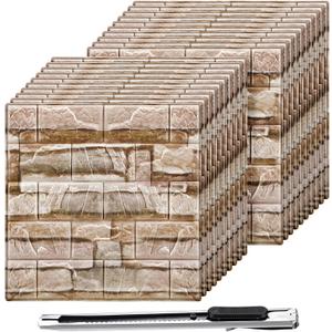 Colarr 60 Pcs 58 Sq ft 3D Wall Panels Peel and Stick Faux Foam 3D Brick Wallpaper Faux Paneling Adhesive Wall Covering Panels Decorative Medieval Tiles Waterproof for Bedroom(Brick Color)