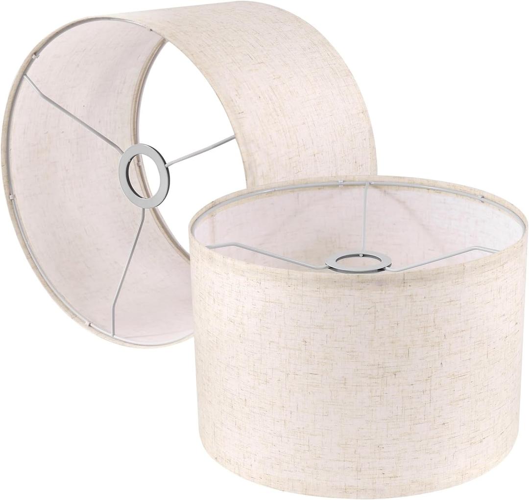 Koorle Lamp Shades Set of 2, Drum Lampshade for Table Lamps Floor Lamp, 12"" Top X 12"" Bottom X 8"" High Beige Large Line Fabric Lamp Shades, Easy Assembly Replacement Lampshades