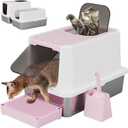 RIZZARI Stainless Steel Cat Litter Box, Enclosed Top-Entry Design, Large Capacity High-Sided Leak Proof Litter Pan for Cats, Easy Clean Pet Toilet (Pink)