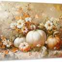 ARTZGX White Pumpkin Wall Art Autumn Canvas Fall Harvest Theme Pictures Fall Leaf Painting for Thanksgiving Wall Decor Frame(Brown 24.00" x 36.00")