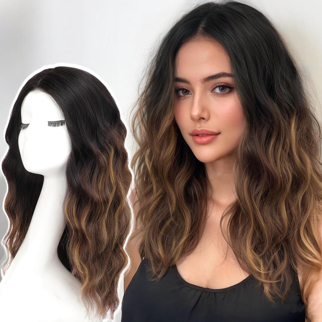 AISI HAIR 18 inch Honey Highlight Dark Brown Wig for Women Medium Length Wave Curly Glueless Synthetic Heat Resistant Hair Wigs for Daily Party Cosplay