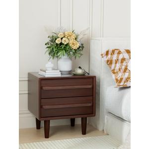 Solid Oak Wood Nightstand, Mid-Century Modern Bedside Table with 2 Drawers, Curved Profile End Table with Storage & Solid Wood Feet for Bedroom, Easy Assembly, Dark Walnut Color (15.7"Dx17.7"Wx21.6"H