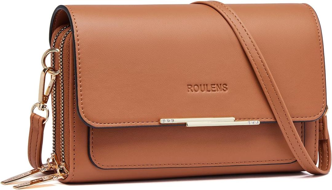 Roulens Small Crossbody Bag for Women,Cell Phone Purse Women's Shoulder Handbags Wallet Purse with Credit Card Slots (Brown)