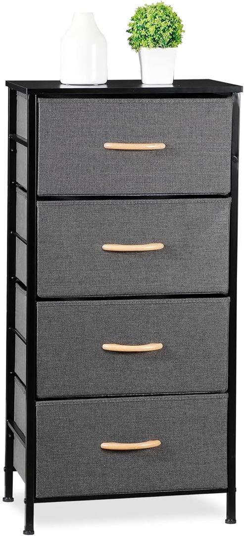 4 Drawer Storage Units Tower, Organizer Cabinet Dresser Furniture with Wood Top for Bedroom, Living Room, Closet, Hallway, Entryway, Nursery Room(Dark Grey)