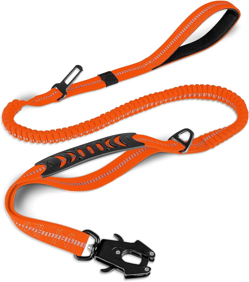 Joytale Tactical Dog Leash Heavy Duty,4-6FT Shock Absorbing Bungee Dog Leash with 2 Padded Handle,Metal Carabiner Clip,Car Seatbelt,Strong No Pull Dog Leash for Medium Large X-Large Dogs,Orange