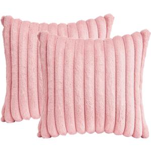 Throw Pillow Covers Decorative Faux Fur Set of 2 18x18 Inch Pillow Covers, Soft Pink Striped Pillowcases for Couch Sofa Bed Living Room, Fluffy Cute Home Boho Accent Fuzzy Decor
