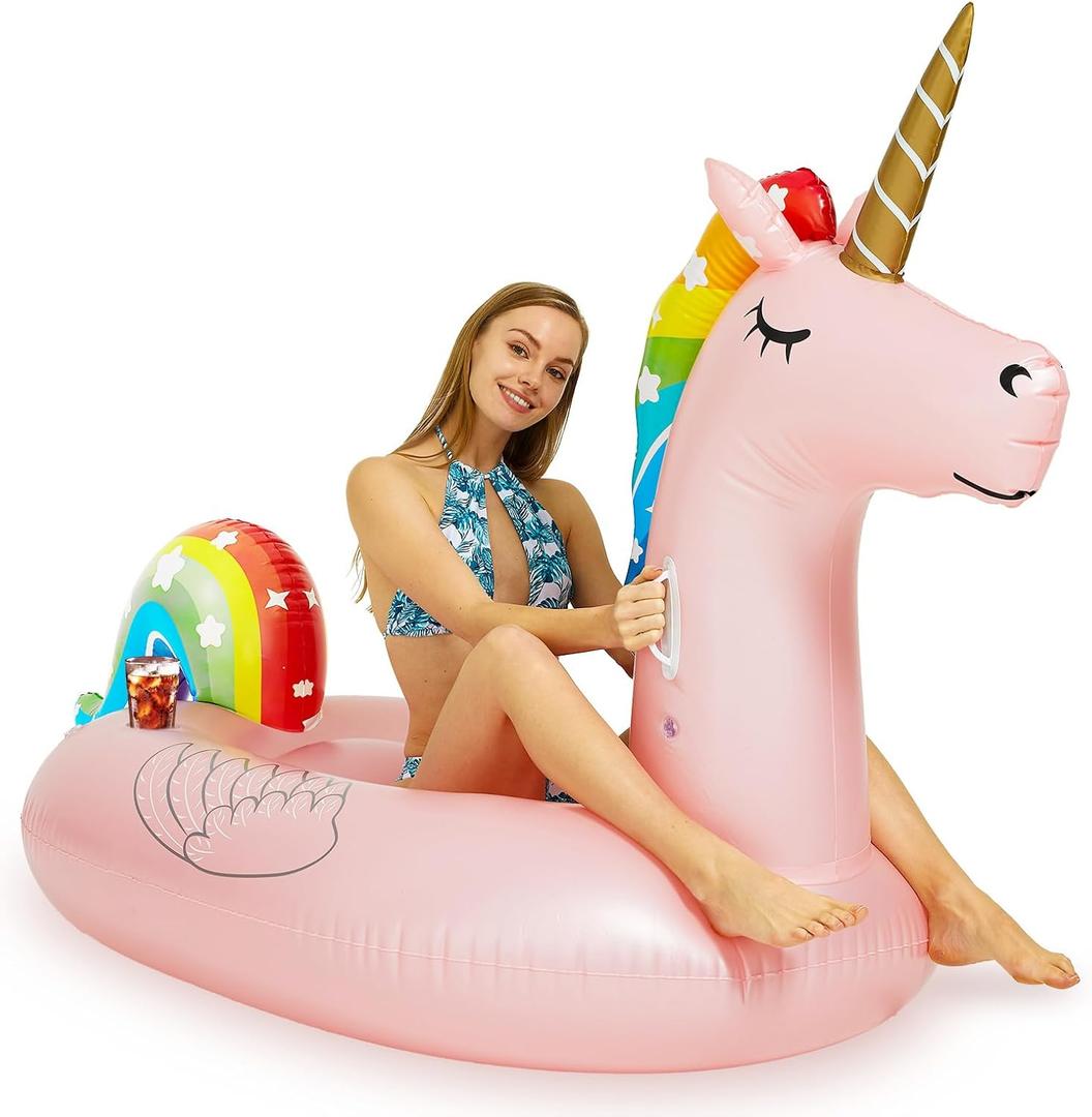 Inflatable Pink Unicorn Pool Float with Cup Holder, Large Water Pool Toys for Adults and Family, Swimming Pool Floats for Party Fun, 
