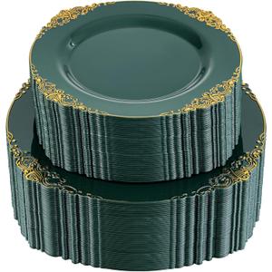 102PCS Green and Gold Plates - Green Plastic Plate - Fancy Heavy Duty Disposable Plates - Heavyweight Disposable Dinner & Dessert Plate for 51 Guests for Party & Wedding