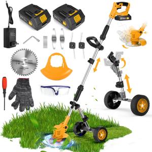  Electric Weed Wacker Cordless, 3-in-1 Weed Eater Cordless with Battery Powered, Lawn Mower/Grass Trimmer/Lawn Edger with 3 Types Blades, Battery Weed Wacker with Wheels (2 Battery, Yellow)