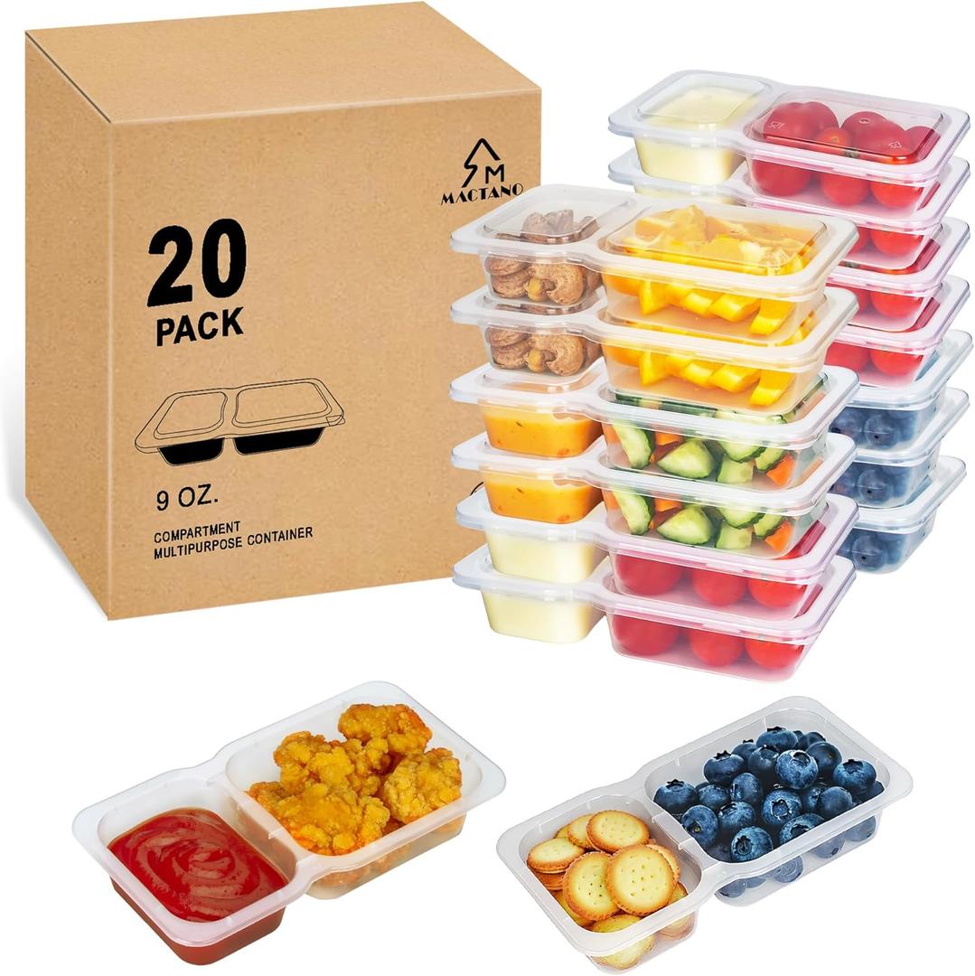 MACTANO Reusable Snack Containers with Lids, 9 oz Double Compartment Plastic Snack Pack Containers Portion Control Meal Prep Snack Boxes BPA Free 20 Sets for Work Travel School, Small