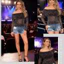 FEMLE Women Sparkly Off The Shoulder Sheer Mesh Tops Glitter See Through Long Sleeve Foldover Top Party Concert Outfits (L)