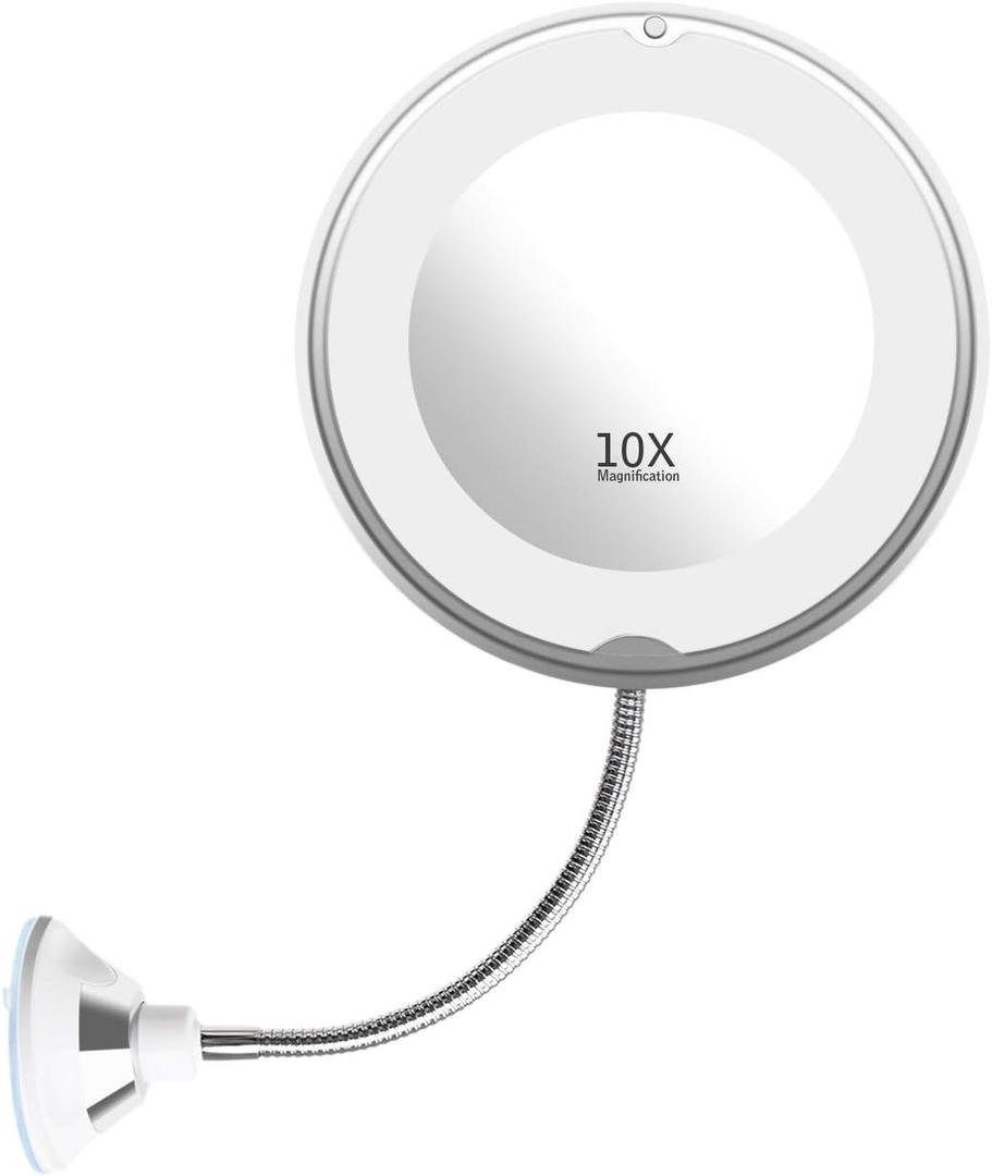 Flexible Gooseneck LED Light Makeup Mirror, 10X Magnifying Makeup Mirror with Locking Suction Cup, Diffused Light and 360 Swivel