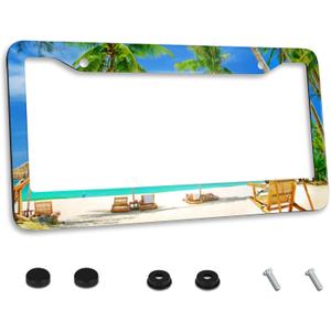 Personalized License Plate Frame Stainless Steel Hawaiian Seaside Palm Trees License Plate Holder Accessory Decorative 2 Holes and Screws Fits US Standard License Plates 12.2 x 6.3 in for Men Women