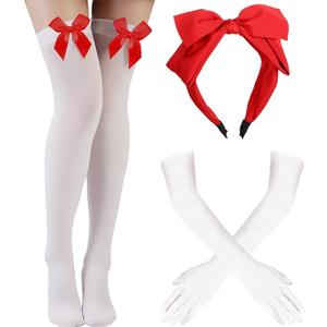 Preboun Princess Costume Accessories for Women, Red Bow Headband Long Gloves Thigh High Socks Kit for Christmas Cosplay Party