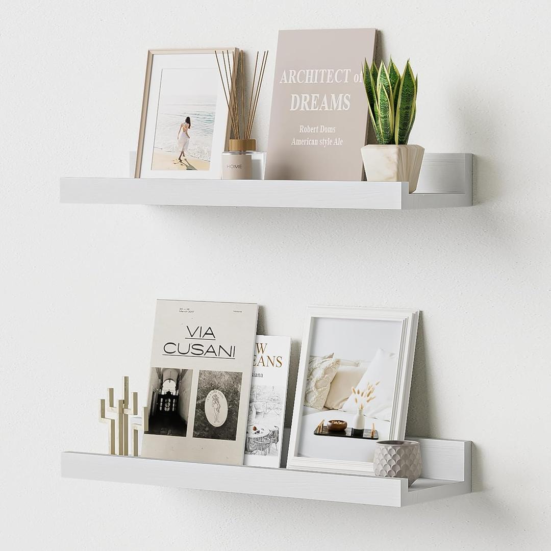 Floating Shelves for Wall, 16 inch Solid Wood Picture Ledge Shelf, Picture Shelf for Wall with Ledge, Floating Book Shelves for Living Room Bedroom Kitchen Nursery Decor, White, Set of 2