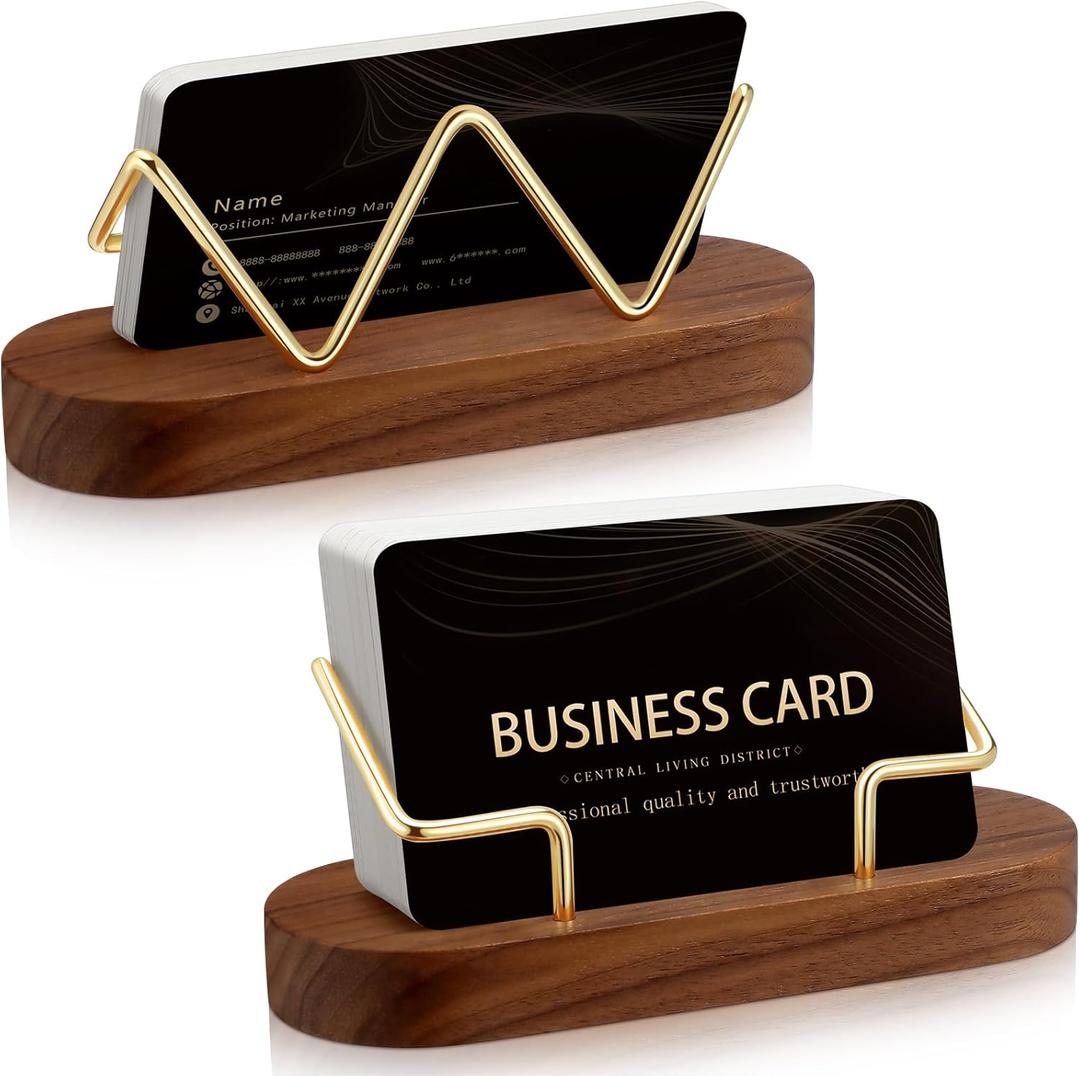 Amyhill 2 Pcs Wood Business Card Holder for Desk Wooden Business Card Display Stand Postcard Organizer for Office Home Desktop(Brown)