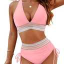 Blooming Jelly Women High Waisted Bikini Sets Tummy Control Swimsuits Color Block Two Piece Drawstring Bathing Suit (Medium, Turquoise)