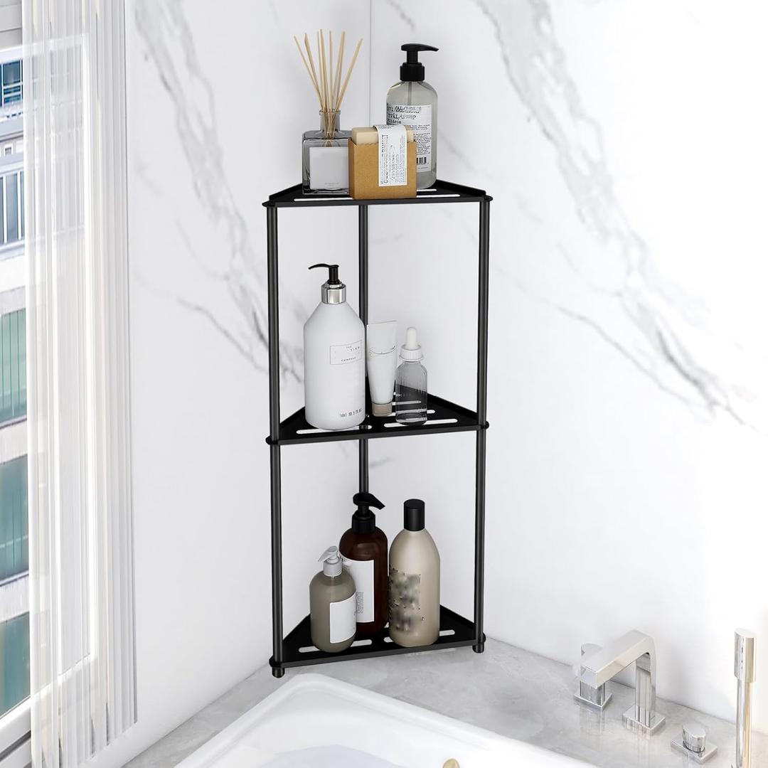 Standing Shower Caddy Corner, 3 Tier Stainless Steel Shower Organizer Stand, Rustproof Corner Shower Shelves, Corner Shower Caddy Bathroom Shower Stand, Black