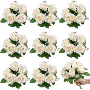 Artificial Roses Bouquets - 8 Bundles Fake Silk Flowers Realistic Faux Florals Bulk for Wedding Bridal Party Baby Shower Event Home Arrangements Centerpieces Decorations (Champagne)