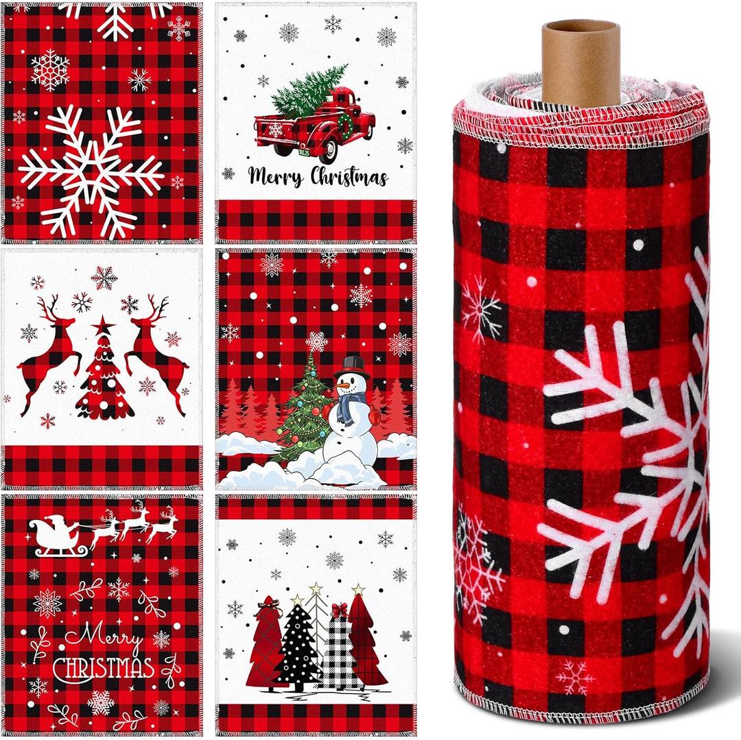 36 Pcs Christmas Reusable Paper Towels Rolls Washable Bulk Christmas Snowman Snowflake Winter Red Plaid Dish Towels Paperless Reusable Cloth Cotton Napkin with Cardboard for Kitchen Bathroom