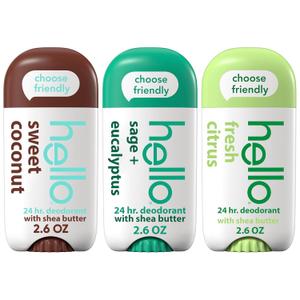 hello Deodorant Variety Pack (Sweet Coconut, Fresh Citrus, White Sage) for Women + Men, Aluminum Free, Baking Soda Free, Parabens Free, 24 Hour Odor Protection, 2.6 Ounce, 3 Pack