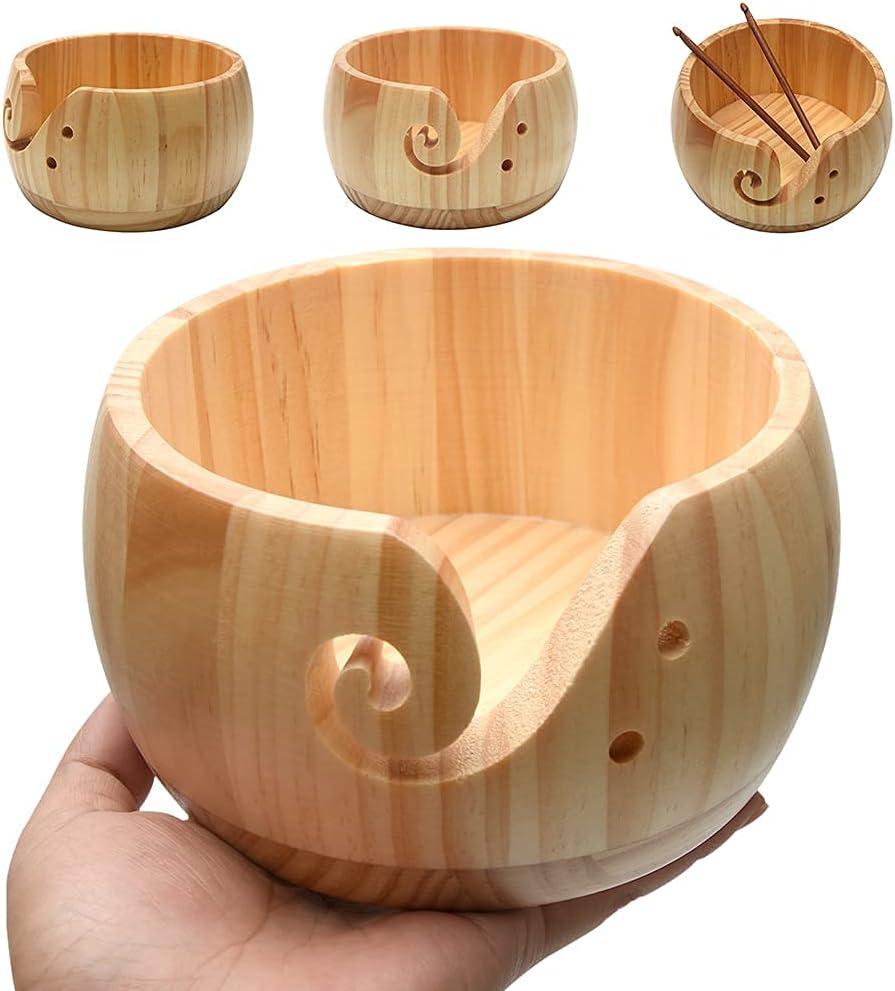 Wooden Yarn Bowl with Bamboo Crochet Hooks & Holes, Knitting Accessories DIY Hand Craft Yarn Storage Bowls for Yarn Balls & Skeins, Birthday Gifts for Mom & Knitting Lovers (Type B)