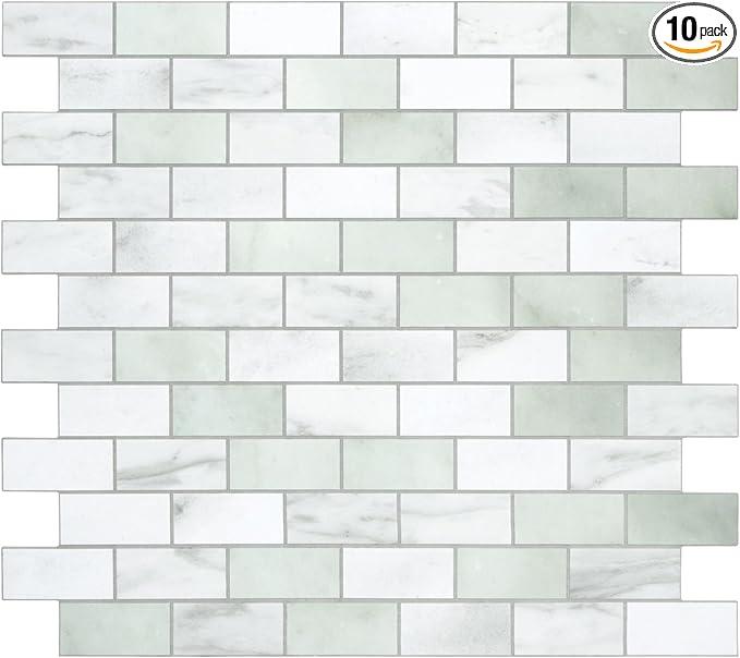 10Sheet Subway Peel and Stick Backsplash Tile, 11.3" x 10.8" Emerald Green Stone Composite Marble Looks Self Adhesive Waterproof Wall Tile, Stick on Tiles for Kitchen Bathroom Shower Fireplace