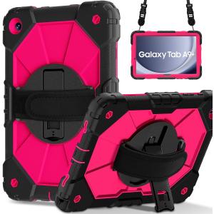 Case for Samsung Galaxy Tab A9+ 11 Inch 2023 (X210/X216/X218), Heavy Duty Shockproof Rugged 360 Rotating Hand Strap Protective Case for Galaxy Tab A9 Plus Tablet, Black/Rose Red