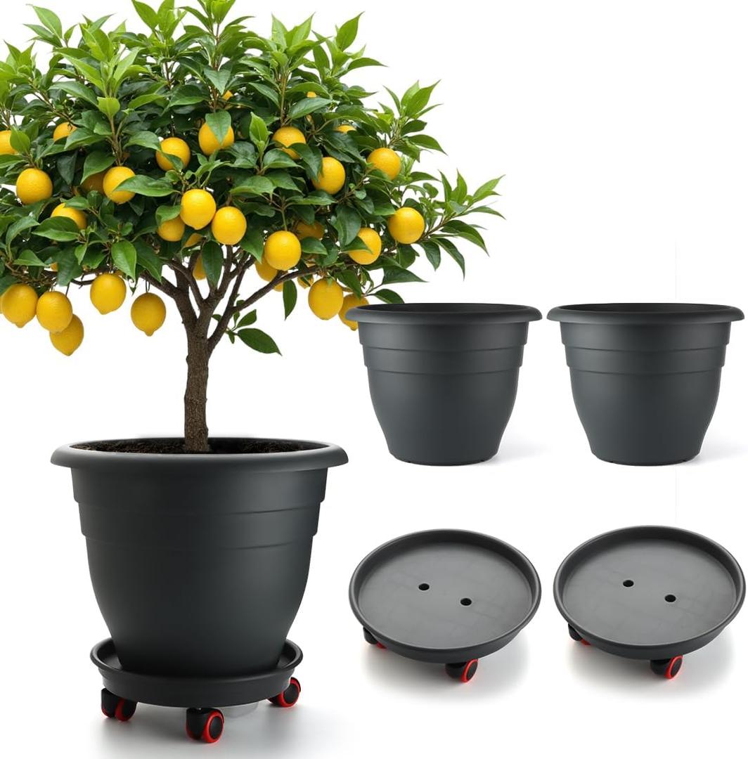 3-Pack Jumbo 15.7 Inch Planters with Rolling Saucers & Drainage  Large Flower Pots for Indoor/Outdoor, Heavy-Duty Moving Trays, Fits Tall Plants (Set of 3, Black)