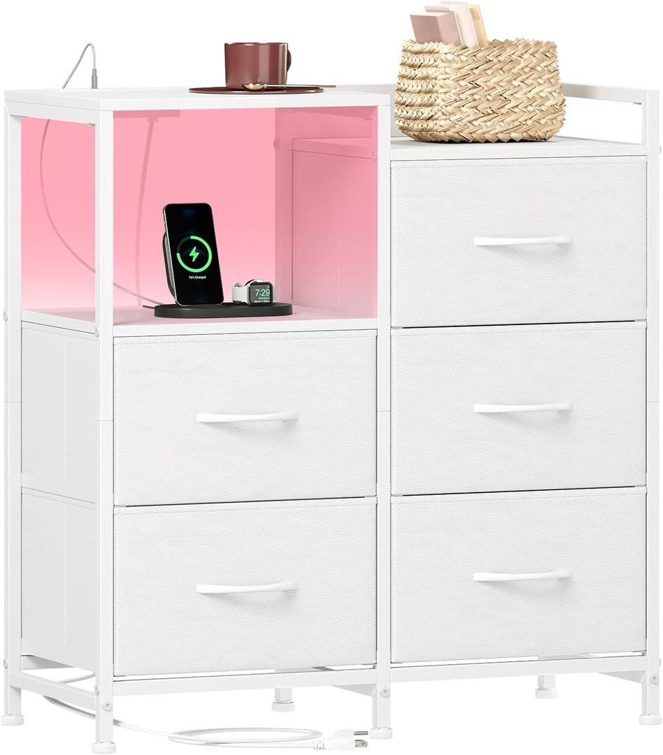 Somdot White Nightstand with Charging Station and LED Light, Wide 5 Drawers Dresser for Bedroom with Fabric Bins and Open Shelf for Bedroom Kids Closet Dorm Guest Room, White Leather