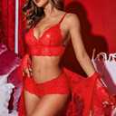 Avidlove Women Sexy Lingerie Set 3 Piece Bra and Panty Sets with Lace Kimono Robe Sleepwear Mesh Nightgown (Red, M)