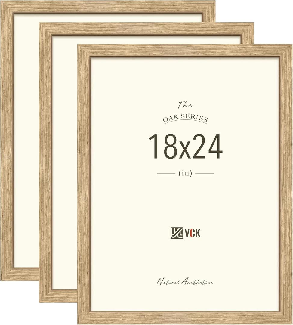 VCK 18x24 Poster Frame Set of 3 - Oak, Natural Solid Wood Picture Frames, Wall Hanging