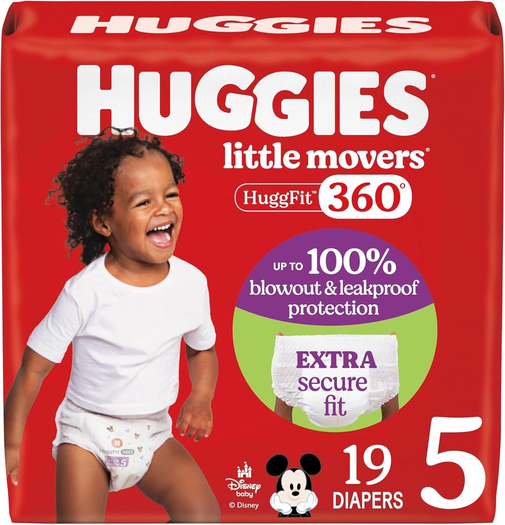 Huggies Size 5 Baby Diapers, Little Movers HuggFit 360° Baby Diapers with 360° Waistband, Size 5 (27+ lbs), 19 Count