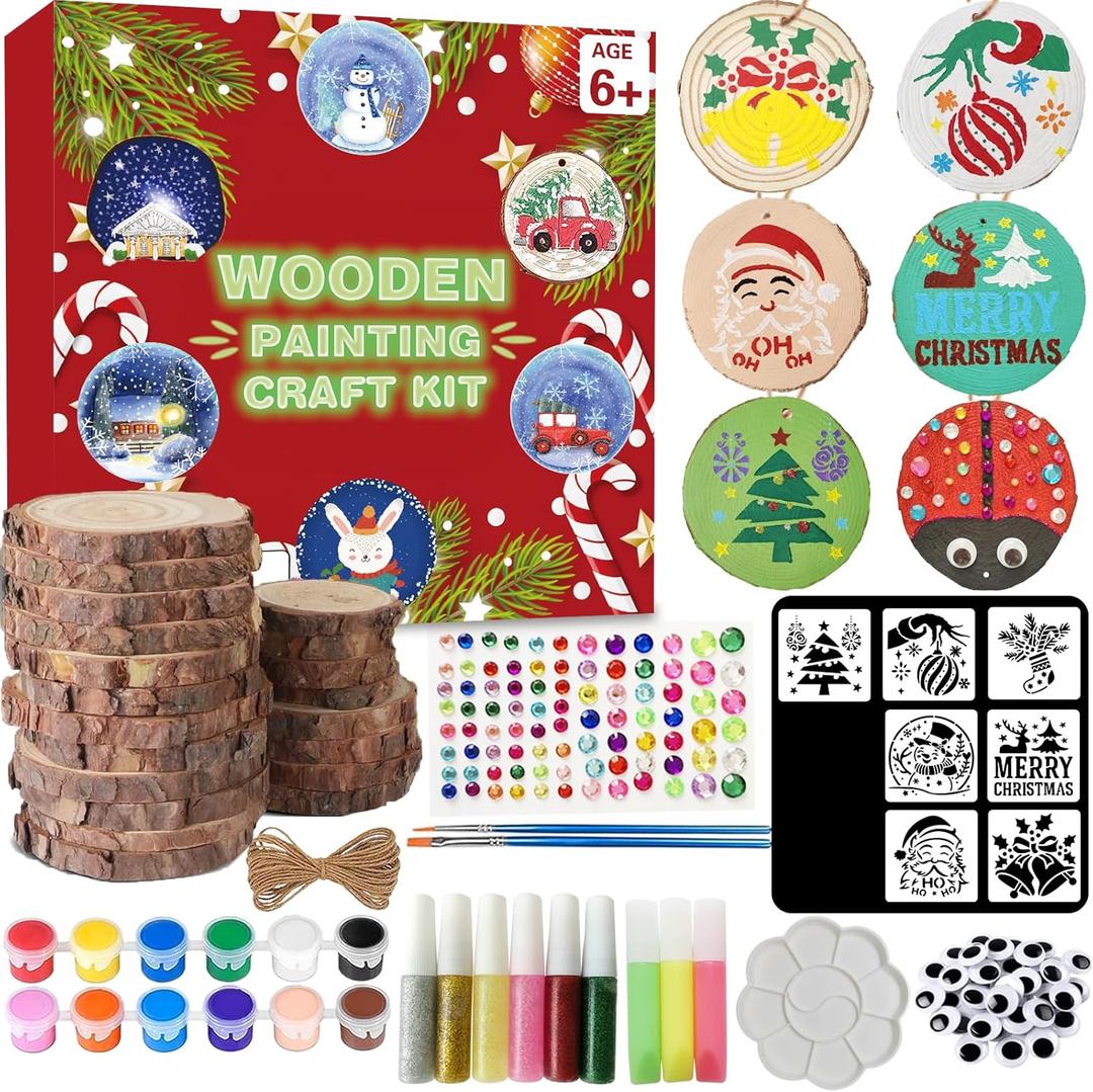 Natural Wood Slices for Crafts, 20 Pcs 3-4 Inch Unfinished Wooden Circles with DIY Painting Kit, Christmas Stencils, Wood Ornaments for Holiday Decor, Wedding, Adult Crafting & Art Projects