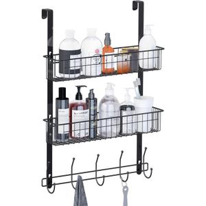 LUCYCAZ Over The Door Hooks Organizer, Door Hanger Towel Rack with 10 Coat Hooks & 2 Mesh Basket Over The Door Shelf, Back of Door Storage Organizer for Barthroom Kitchen Hanging Towel Clothes (Black)