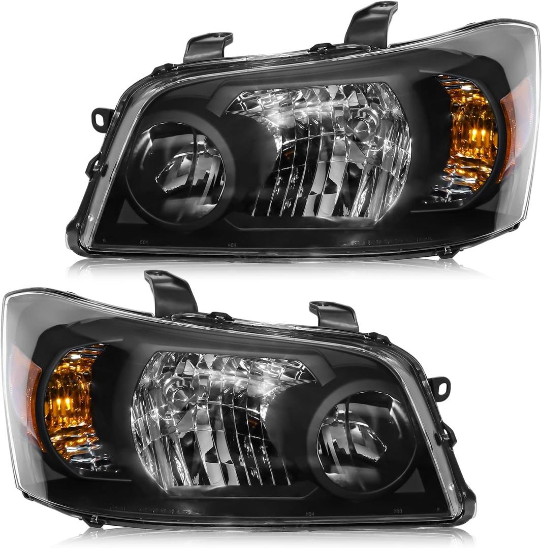 Headlight Assembly Compatible with Toyota Highlander 2004 2005 2006 2007 Halogen Type, OE-Style Headlamp Replacement Without Bulbs for 81130-48280 81170-48280, Black Housing Amber Reflector