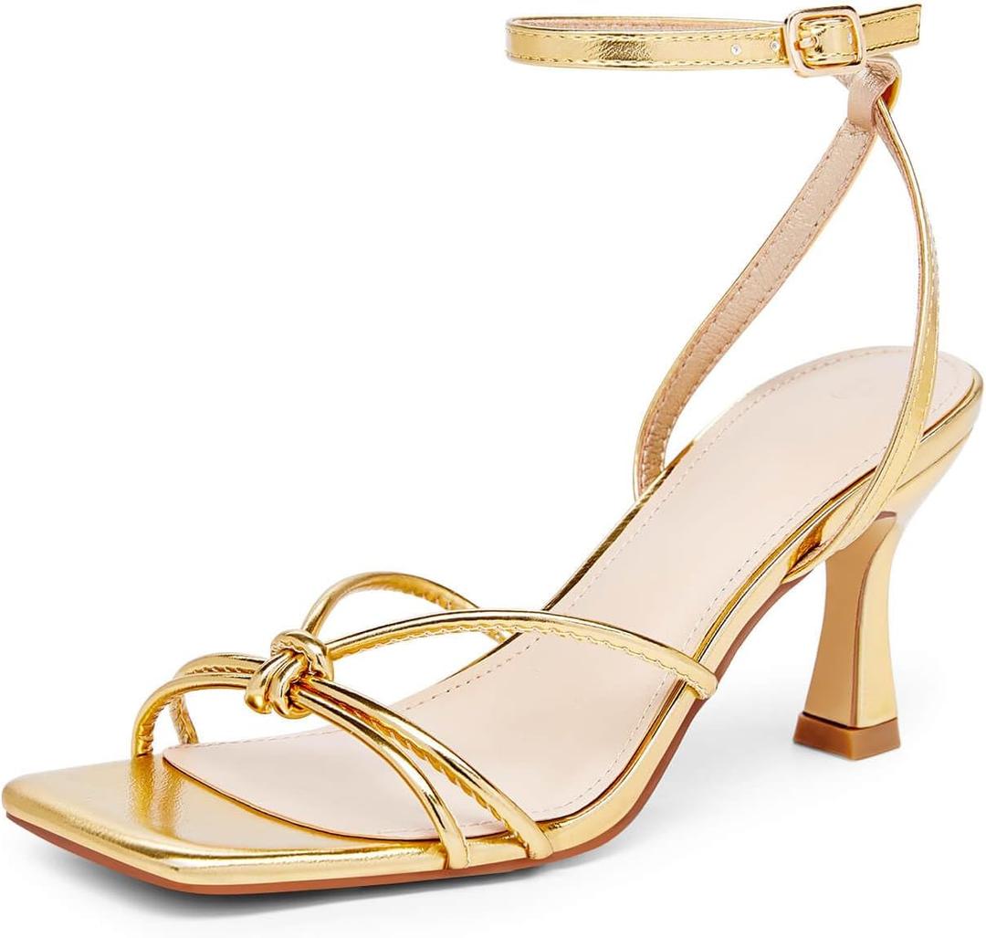 LAICIGO Women's Square Open Toe Heeled Sandals Stiletto Kitten Heel Ankle Buckle Strap Slingback Summer Dress Sandals (Gold), 7