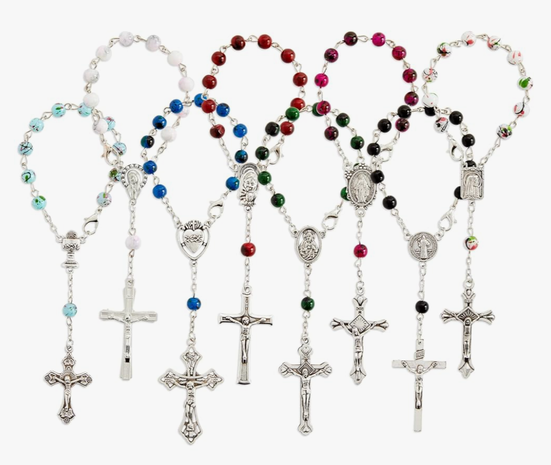 Juvale 23 Pack Small Catholic Rosary Bracelet for Women and Men - Prayer Beads for Baptism Christening, Prayer Room, Altar, (8 Colors & Crucifix Designs) - Rosary Beads Bracelet