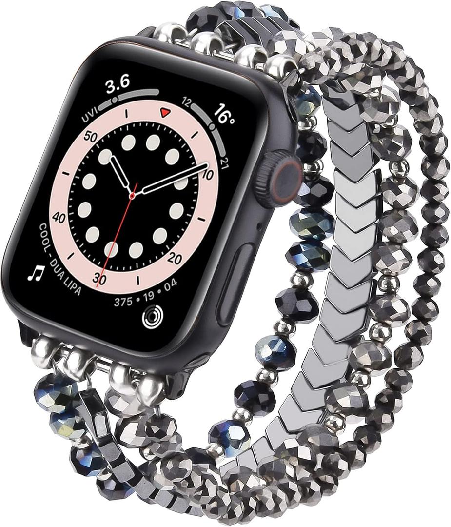 MOFREE Beaded Bracelet Compatible with Apple Watch Band 42mm/44mm/45mm/49mm/46mm Series 11/10/9/8/7/SE/6/5/4/3/2/1/Ultra Women Fashion Handmade Elastic Stretch Strap for iWatch Bands Blue/Dark Grey