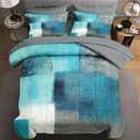 7 Pcs Queen Size Comforter Set with 2 Pillowcases & 2 Shams, Turquoise Grey Painting Bedding for Kids and Adults, Teal Contemporary Gray Bed in a Bag with Flat Fitted Sheet (Turquoise Teal)
