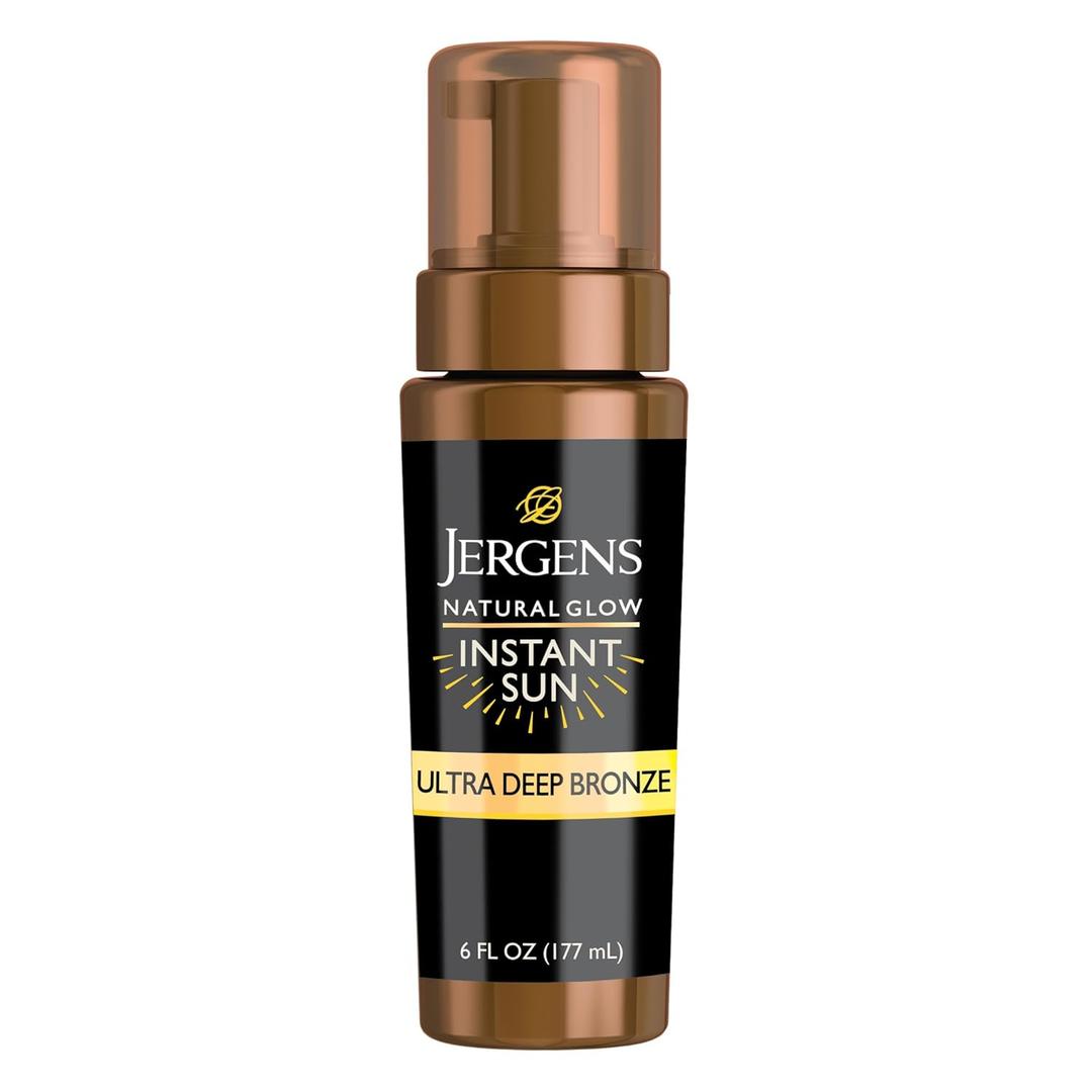 Jergens Natural Glow Instant Sun Body Mousse, Self Tanner for Ultra Deep Bronze Tan, Sunless Tanning Body Bronzer, Natural Looking Fake Tan, 6 Oz