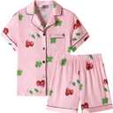 Veseacky Luxurious Kids Satin Pajama Button Down Short Sleeve Nightwear Classic Solid 2 Piece Pj Set(Pink Cherry,130) (Pink)