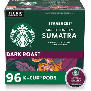 Starbucks K-Cup Coffee Pods, Dark Roast Coffee, Sumatra for Keurig Brewers, 100% Arabica, 4 boxes (96 pods total) (Best By: 01/19/2026)